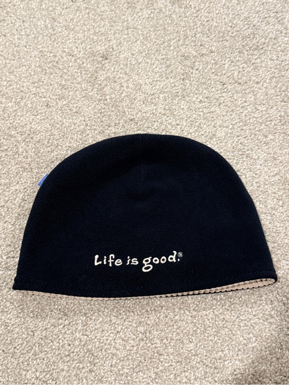 Life Is Good Beanie Hat Reversible Fleece Ribbed Corduroy Beige Black